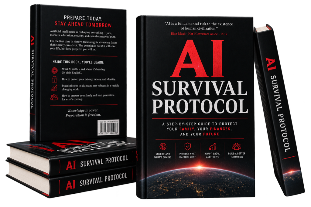 AI Survival Protocol ebook mockup showing the front cover, spine, and back cover